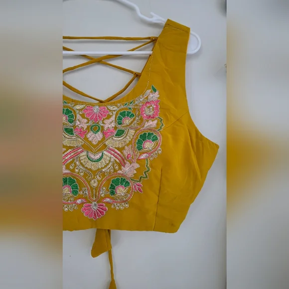 Yellow Sequined Embroidered Work Faux Georgette Fabric Flared Lehenga Choli - Picture 10 of 14